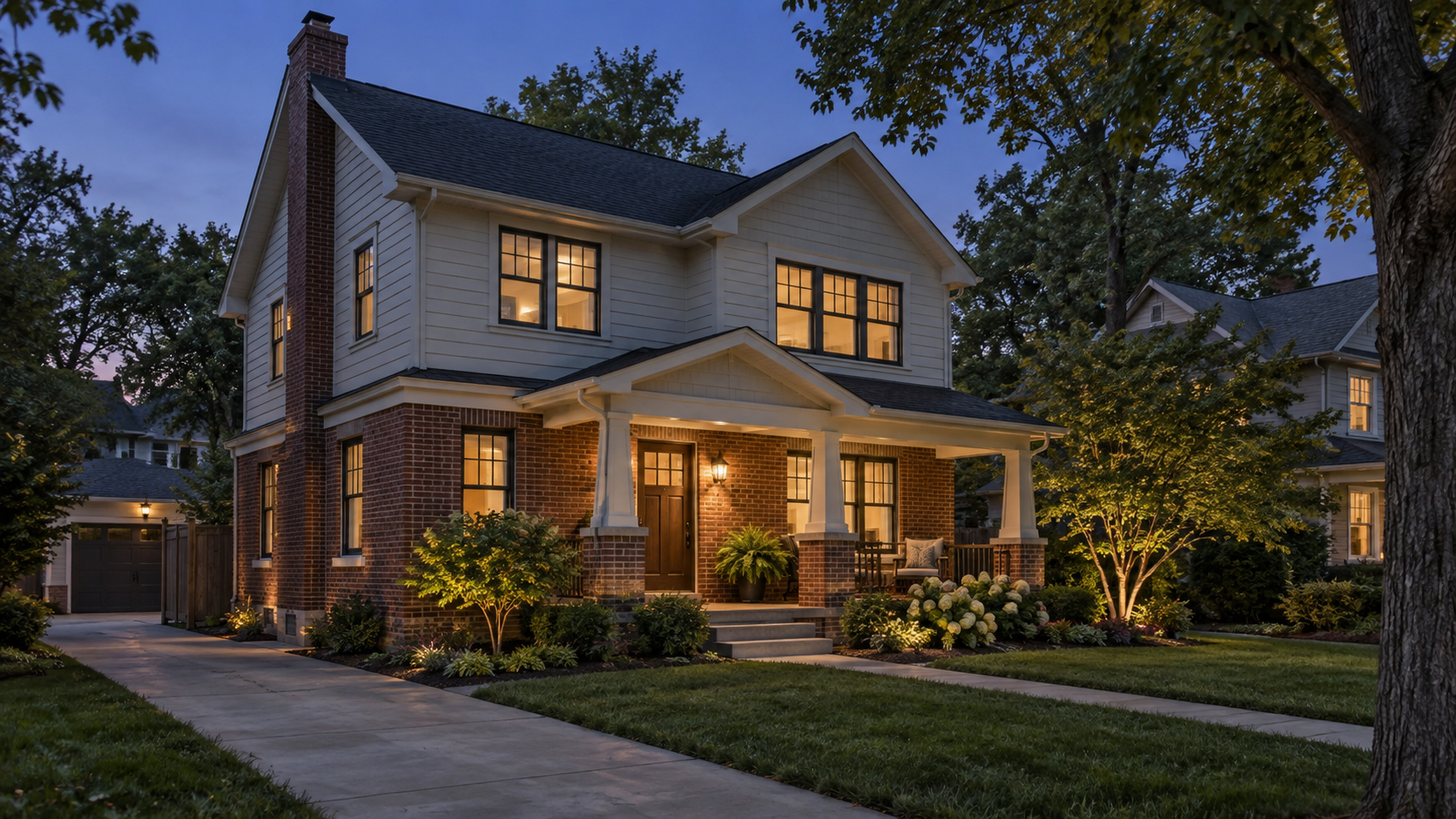 Synthetic demonstration image of a renovated two-story home at dusk